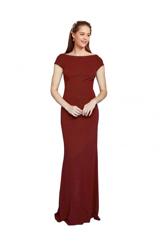 Burgundy Round Neck Cap Sleeves Keyhole Back Long Prom Dress Canada Supplier