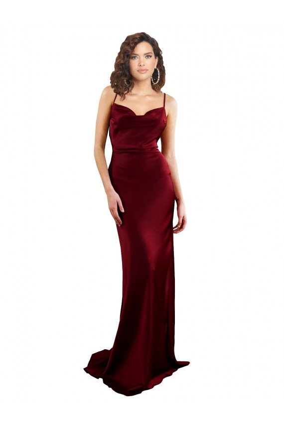 Burgundy Cowl Neck Sleeveless Criss Cross Open Back Long Prom Dress Canada Supplier