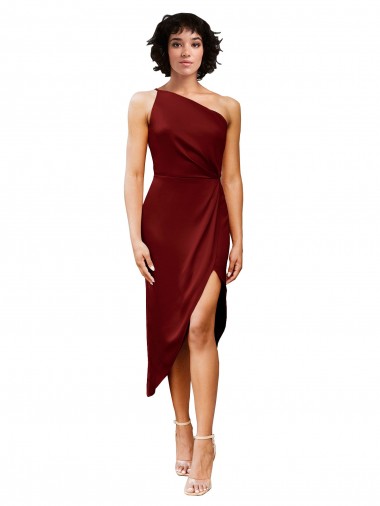 Burgundy One Shoulder Sleeveless Midi Length Prom Dress Canada Supplier