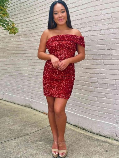 Burgundy One Shoulder Sleeveless Short Homecoming Dress / Prom Dress Canada Supplier