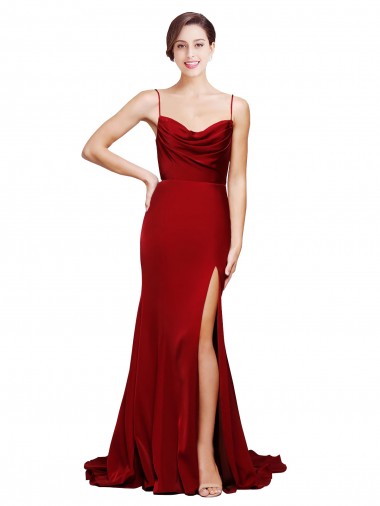 Burgundy Cowl Neck Sleeveless Criss Cross Back Sweep Train Prom Dress Canada Supplier