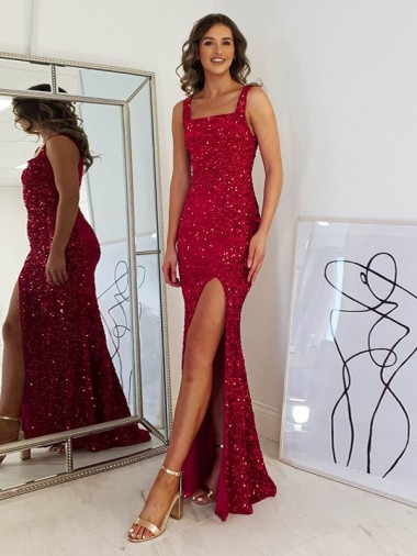 Burgundy Square Neck Sleeveless Long Sheath Prom Dress Canada Supplier