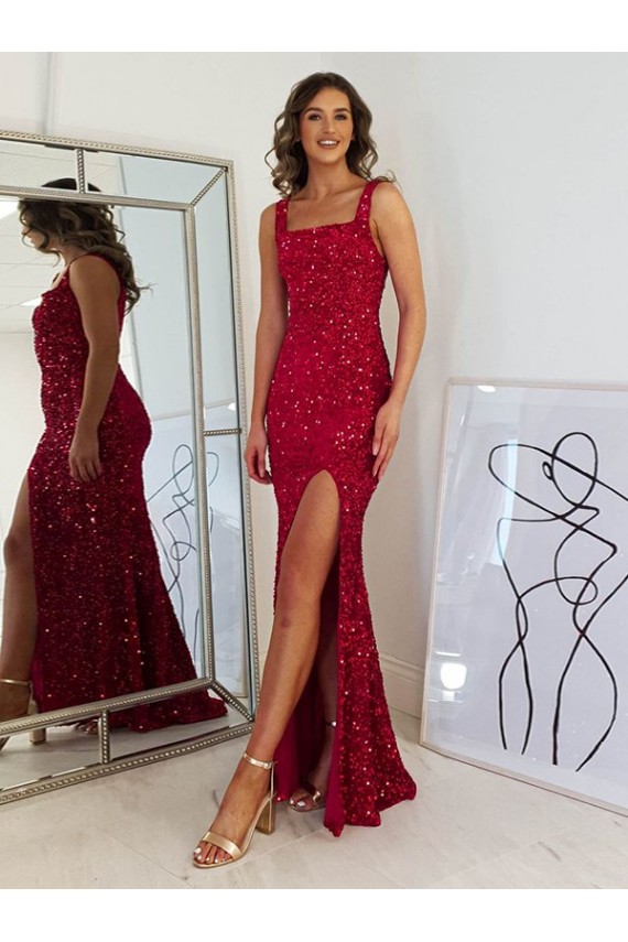 Burgundy Square Neck Sleeveless Long Sheath Prom Dress Canada Supplier