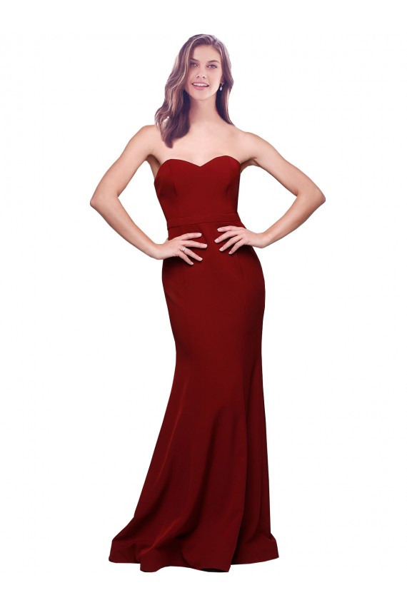 Burgundy Strapless Sleeveless Low Back Stretch Crepe Long Prom Dress Canada Supplier