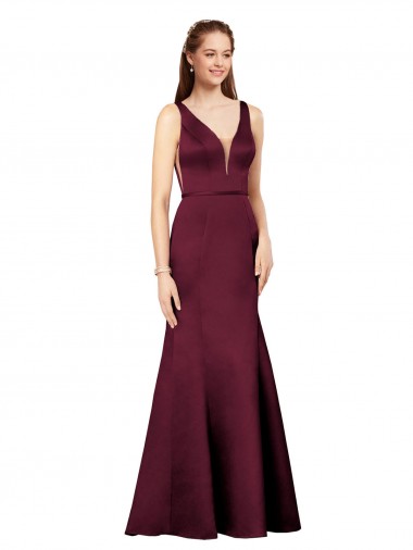 Burgundy V-Neck Sleeveless V-Back Satin Long Prom Dress Canada Supplier