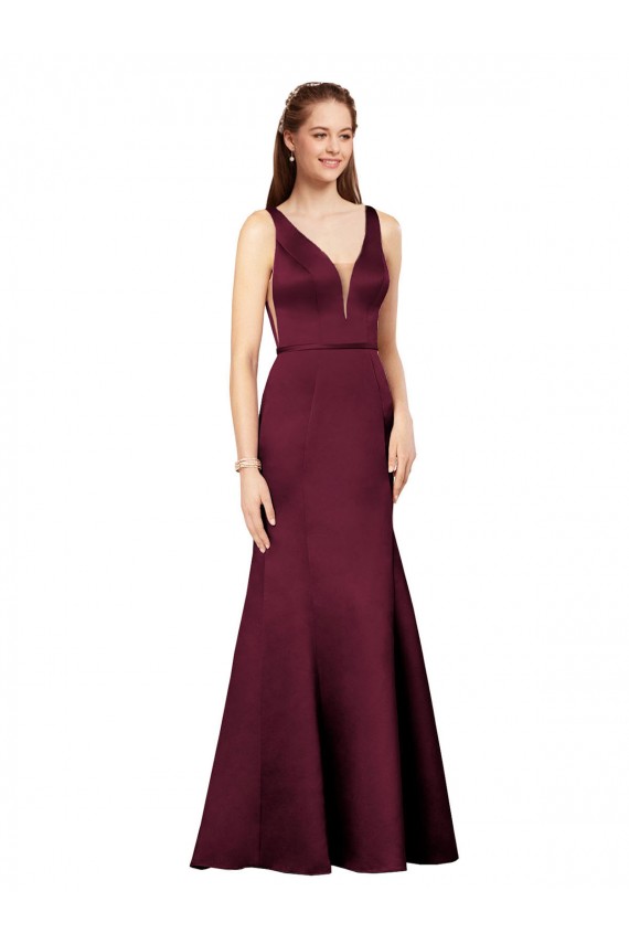 Burgundy V-Neck Sleeveless V-Back Satin Long Prom Dress Canada Supplier