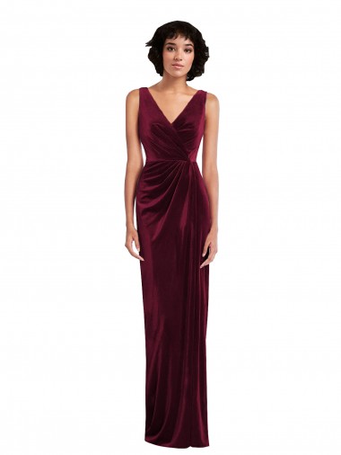 Burgundy V-Neck Sleeveless Stretch Velvet Long Prom Dress Canada Supplier