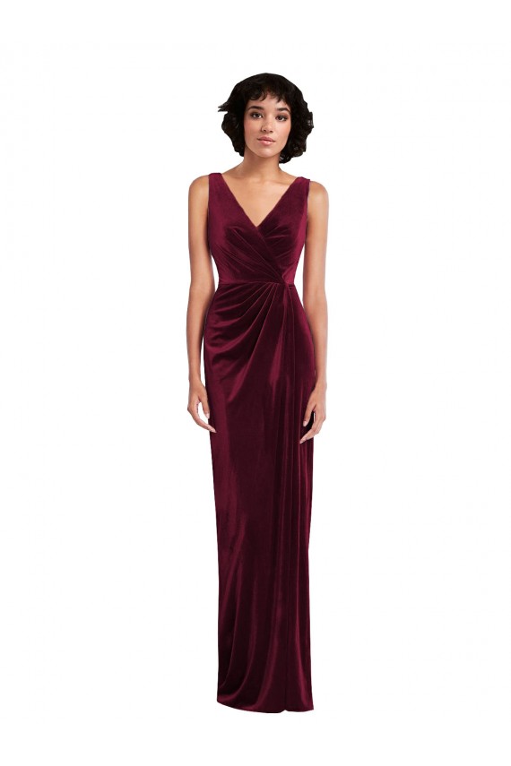Burgundy V-Neck Sleeveless Stretch Velvet Long Prom Dress Canada Supplier