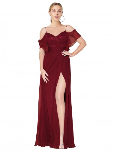 Burgundy High Neck Cold Shoulder V-Back Long Prom Dress Canada Supplier