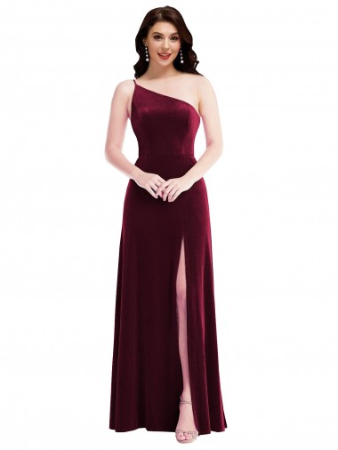 Burgundy One Shoulder Sleeveless Stretch Velvet Long Prom Dress Canada Supplier