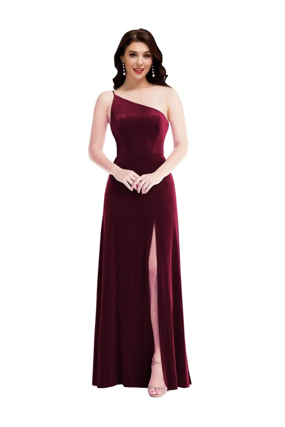 Burgundy One Shoulder Sleeveless Stretch Velvet Long Prom Dress Canada Supplier