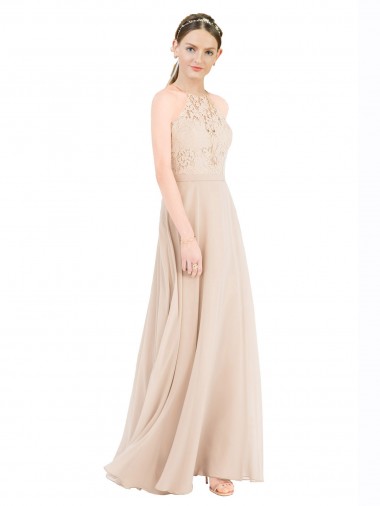 Champagne High Neck Sleeveless Keyhole Back Long Prom Dress Canada Supplier