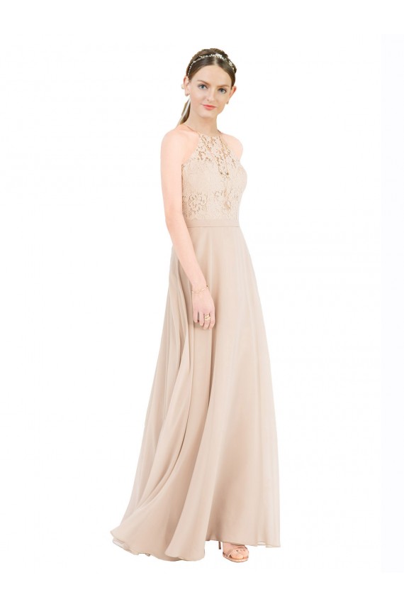 Champagne High Neck Sleeveless Keyhole Back Long Prom Dress Canada Supplier