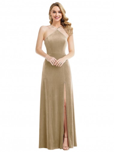 Champagne High Neck Sleeveless Open Back Long Prom Dress Canada Supplier
