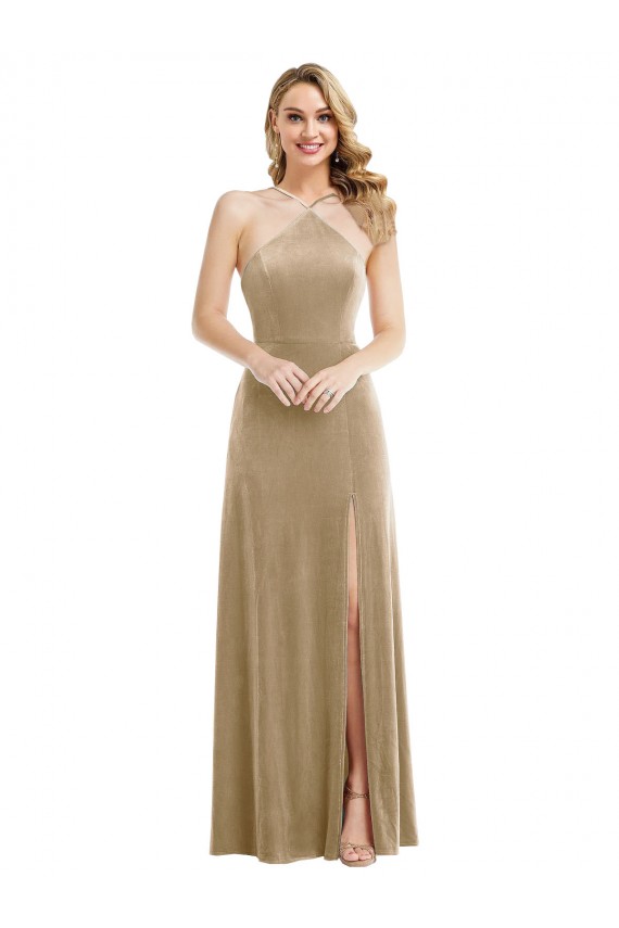 Champagne High Neck Sleeveless Open Back Long Prom Dress Canada Supplier