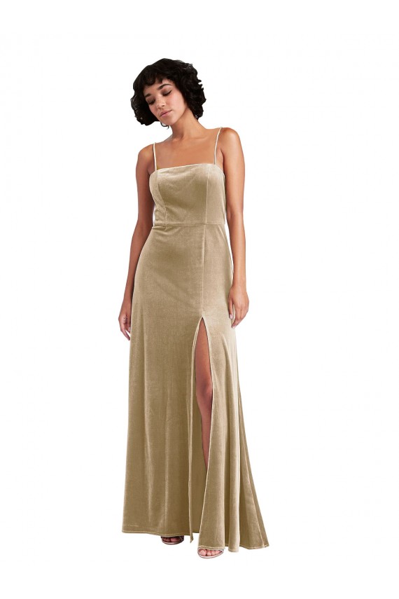 Champagne Square Neck Sleeveless Long A-Line Prom Dress Canada Supplier