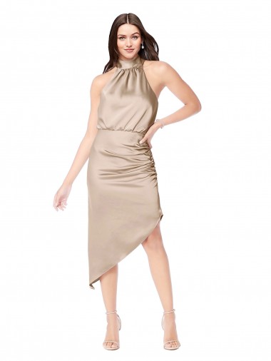 Champagne Pink Halter Neck Sleeveless Midi Length Prom Dress Canada Supplier