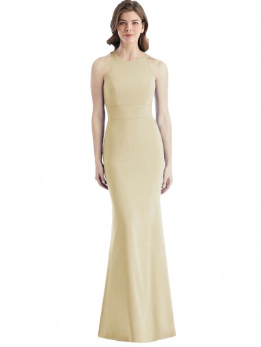 Champagne Bateau Neck Sleeveless Criss Cross Open Back Long Prom Dress Canada Supplier