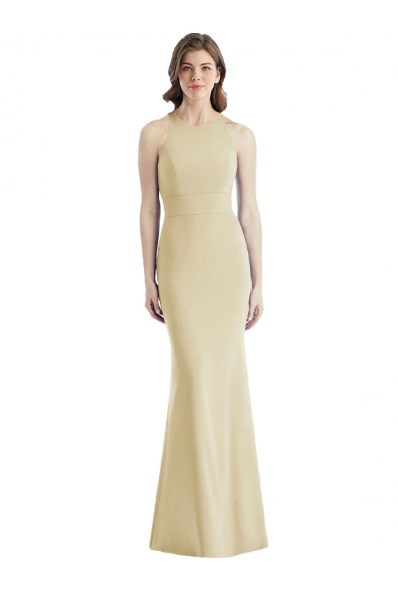 Champagne Bateau Neck Sleeveless Criss Cross Open Back Long Prom Dress Canada Supplier