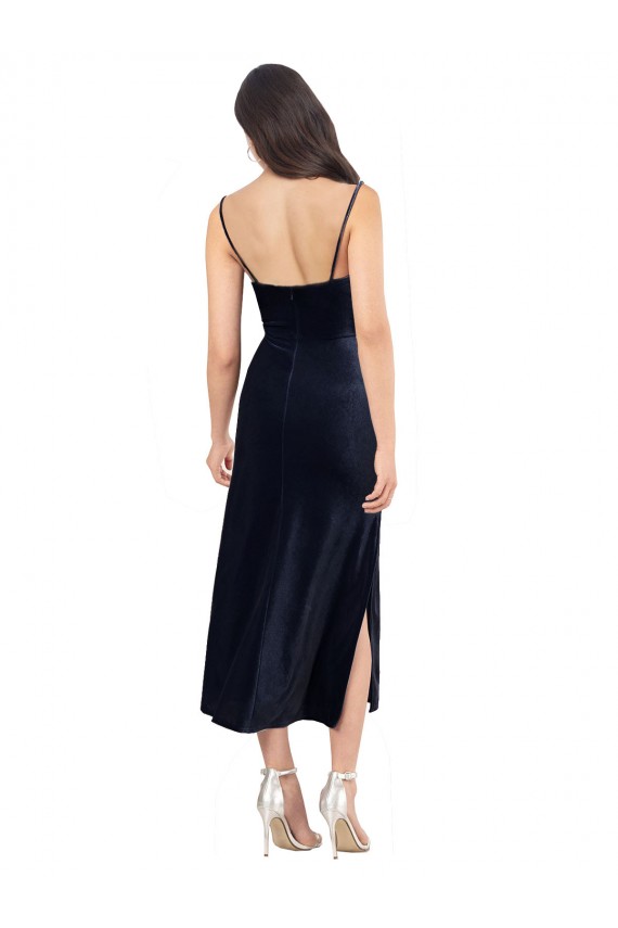 Dark Navy Cowl Neck Sleeveless Low Back Midi Length Prom Dress Canada Supplier