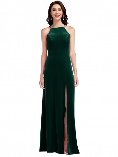 Dark Green High Neck Sleeveless Stretch Velvet Long Prom Dress Canada Supplier