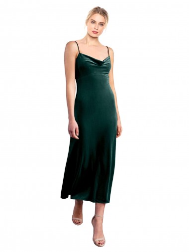Dark Green Cowl Neck Sleeveless Low Back Midi Length Prom Dress Canada Supplier