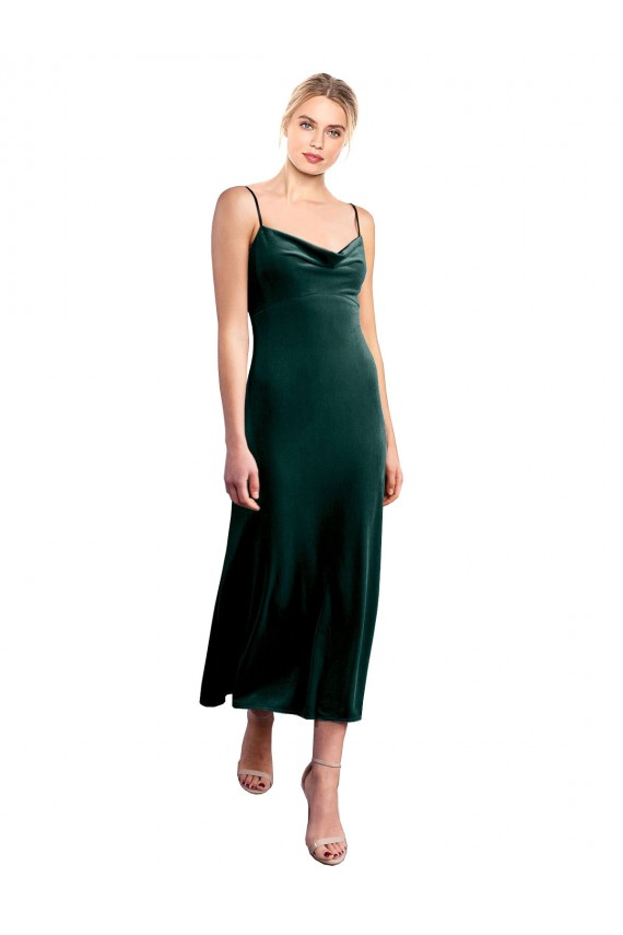 Dark Green Cowl Neck Sleeveless Low Back Midi Length Prom Dress Canada Supplier