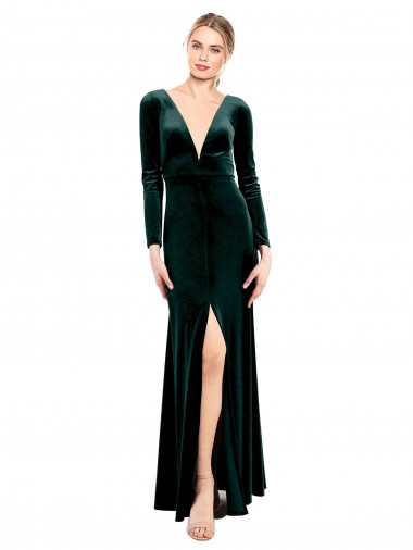 Dark Green V-Neck Long Sleeves Open Back Long Prom Dress Canada Supplier