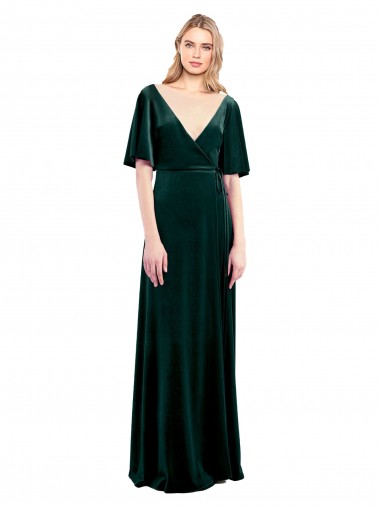 Dark Green V-Neck Flutter Sleeves V-Back Long Prom Dress Canada Supplier