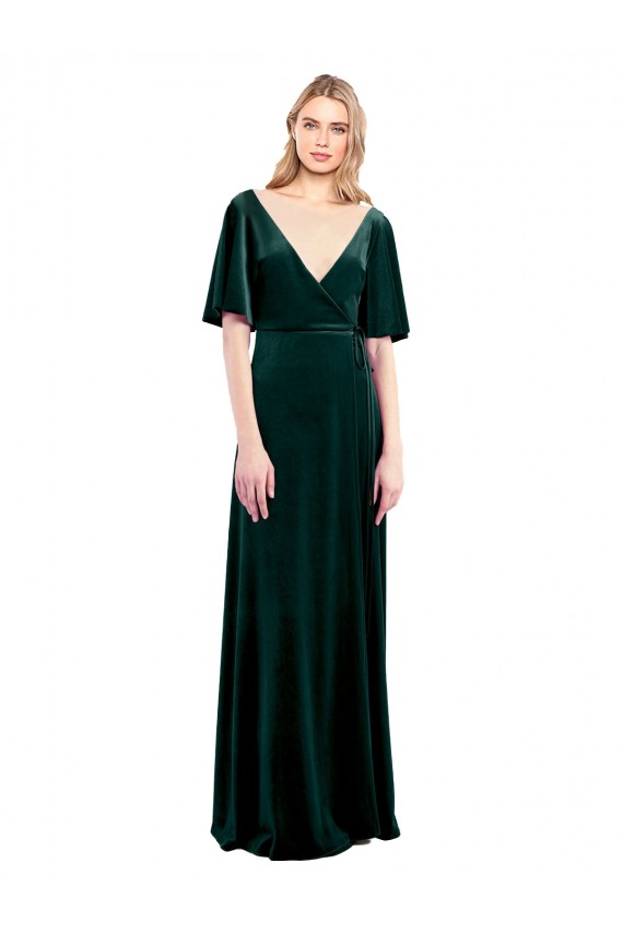 Dark Green V-Neck Flutter Sleeves V-Back Long Prom Dress Canada Supplier