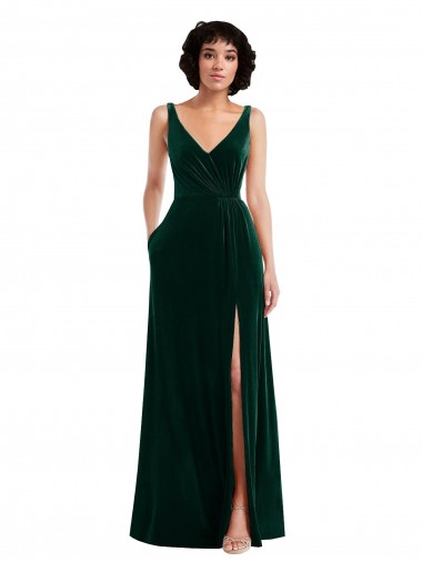 Dark Green V-Neck Sleeveless V-Back Long Prom Dress Canada Supplier