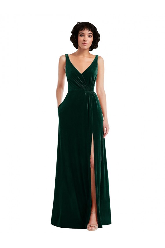 Dark Green V-Neck Sleeveless V-Back Long Prom Dress Canada Supplier