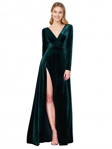 Dark Green V-Neck Long Sleeves Sweep Train Prom Dress Canada Supplier