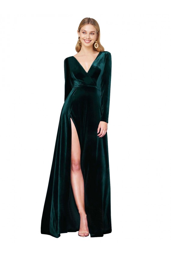 Dark Green V-Neck Long Sleeves Sweep Train Prom Dress Canada Supplier