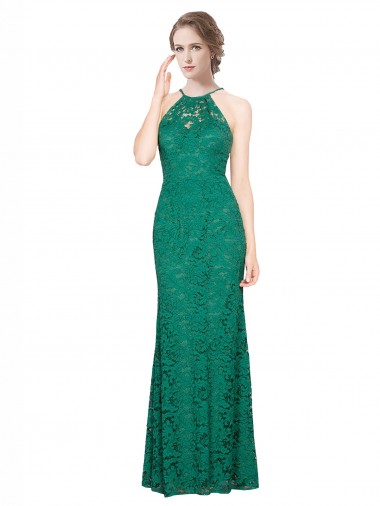Dark Green High Neck Sleeveless Low Back Long Prom Dress Canada Supplier