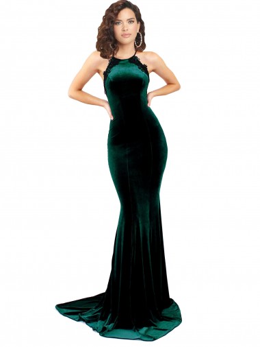 Dark Green High Neck Sleeveless Low Back Sweep Train Prom Dress Canada Supplier