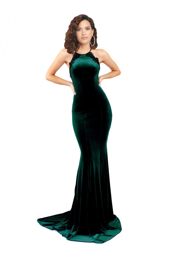 Dark Green High Neck Sleeveless Low Back Sweep Train Prom Dress Canada Supplier