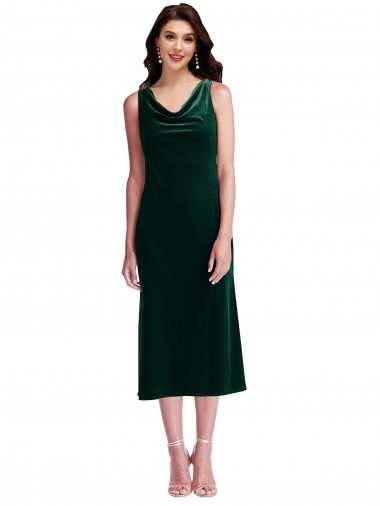 Dark Green Cowl Neck Sleeveless V-Back Midi Length Prom Dress Canada Supplier