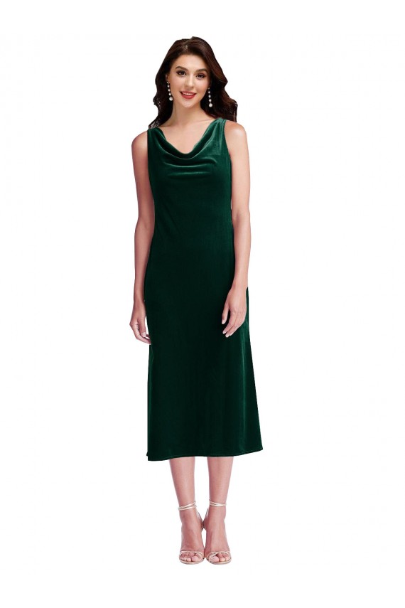 Dark Green Cowl Neck Sleeveless V-Back Midi Length Prom Dress Canada Supplier