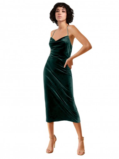 Dark Green Cowl Neck Sleeveless Criss Cross Open Back Midi Length Prom Dress Canada Supplier