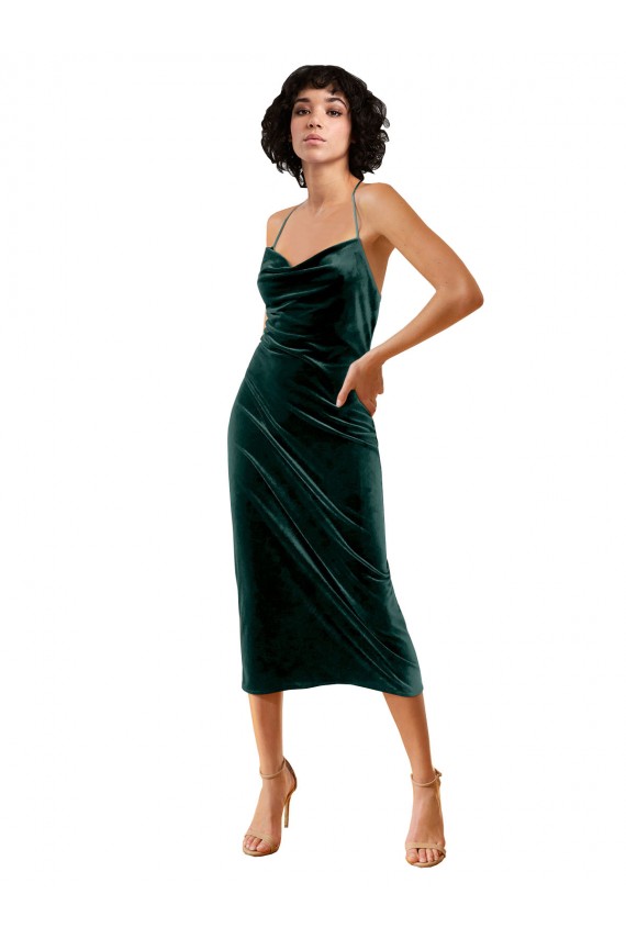 Dark Green Cowl Neck Sleeveless Criss Cross Open Back Midi Length Prom Dress Canada Supplier