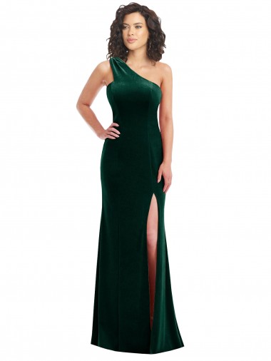 Dark Green One Shoulder Sleeveless Stretch Velvet Long Prom Dress Canada Supplier