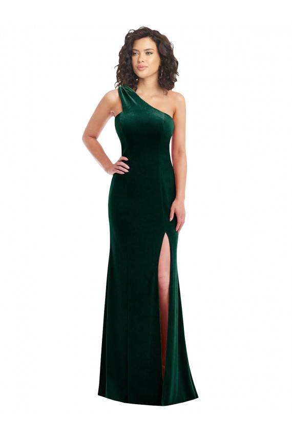 Dark Green One Shoulder Sleeveless Stretch Velvet Long Prom Dress Canada Supplier