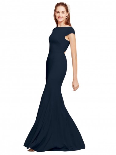 Dark Navy Boat Neck Sleeveless Open Back Long Sexy Prom Dress Canada Supplier