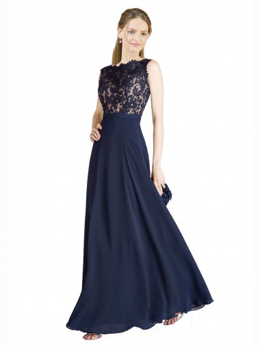 Dark Navy Illusion Neck Sleeveless V-Back Long Prom Dress Canada Supplier