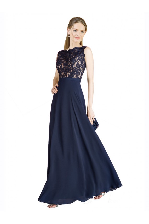Dark Navy Illusion Neck Sleeveless V-Back Long Prom Dress Canada Supplier