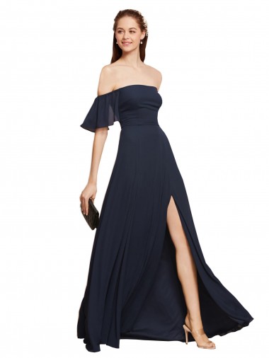 Dark Navy Off the Shoulder Sleeveless Luxe Chiffon Long Prom Dress Canada Supplier