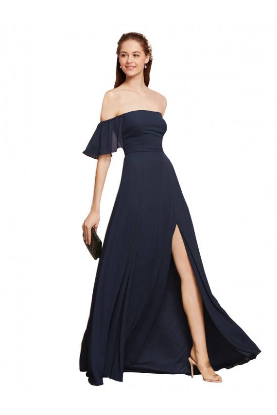 Dark Navy Off the Shoulder Sleeveless Luxe Chiffon Long Prom Dress Canada Supplier