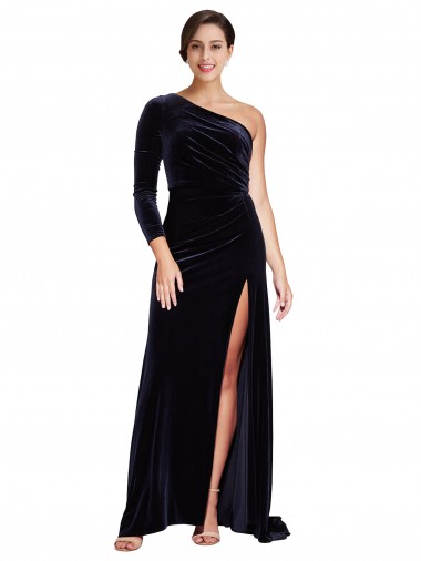 Dark Navy One Shoulder Long Sleeves Sweep Train Prom Dress Canada Supplier