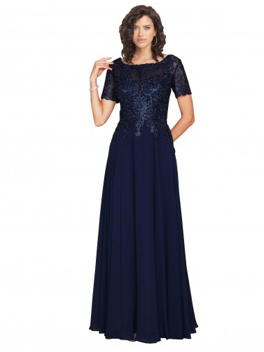 Dark Navy Round Neck Short Sleeves Long Prom Dress Canada Supplier